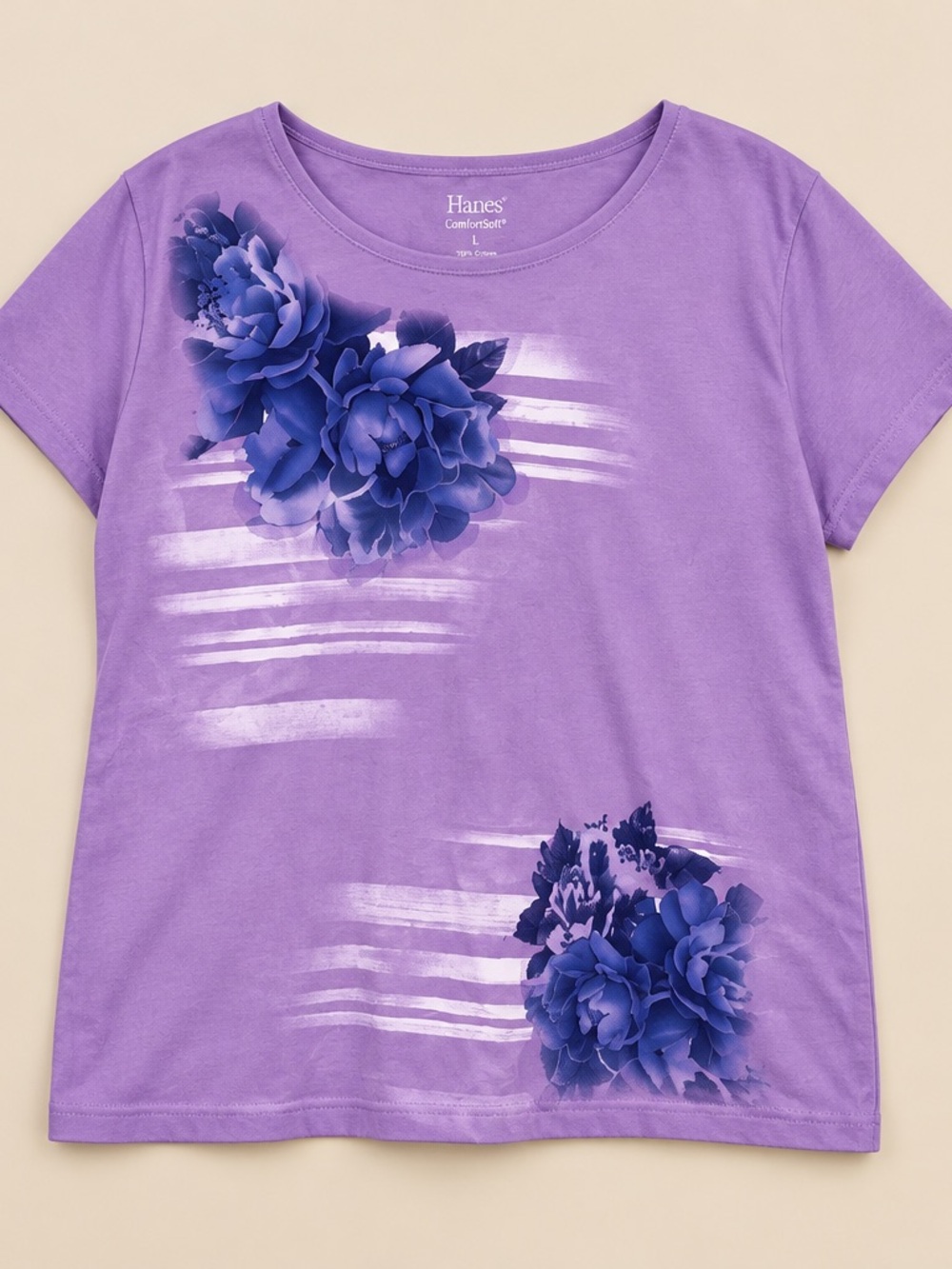 Hanes 2X Purple Floral Cotton Print Round Neck Short Sleeve Casual Tee